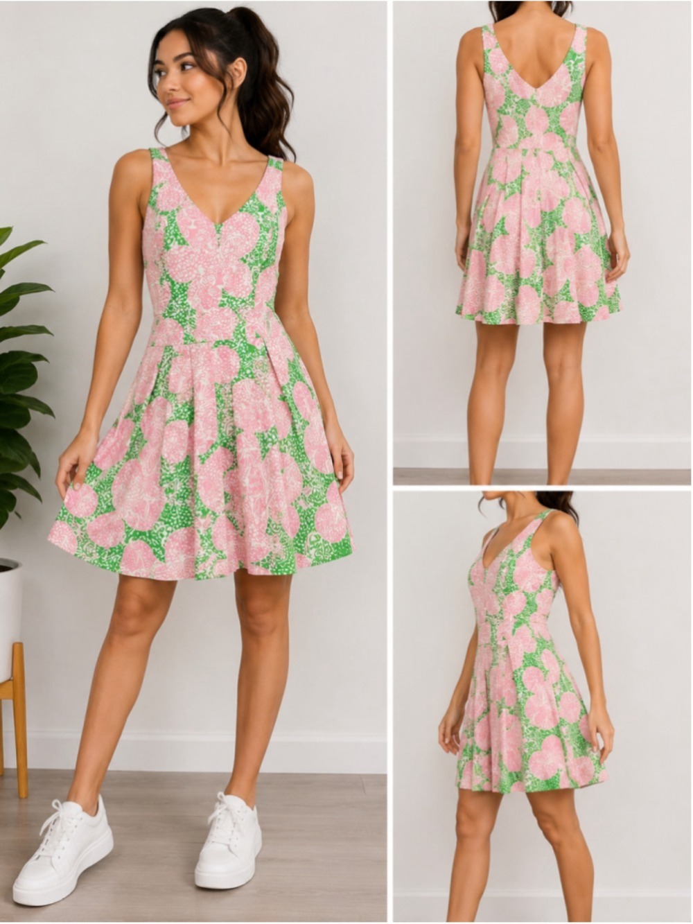 Lilly Pulitzer Women’s Pink Green Floral Fit & Flare Sleeveless Cotton Dress Siz
